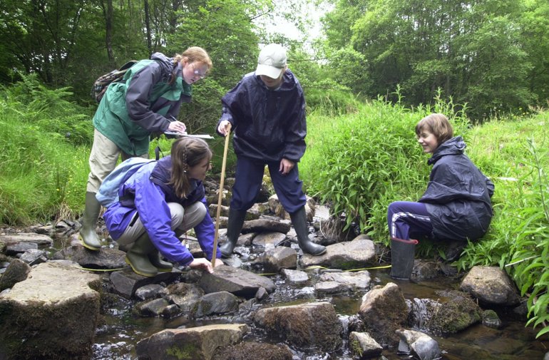 Children measuring the river Children measuring the river