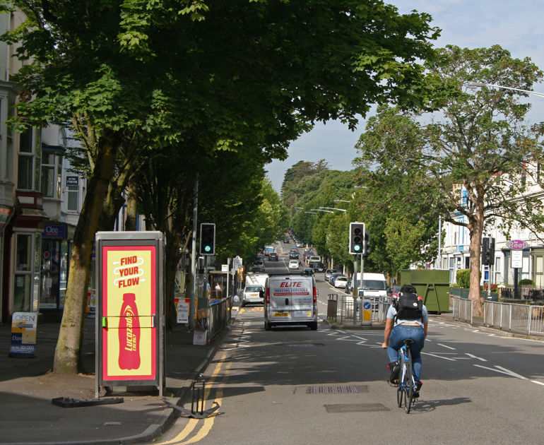 Street scene, trees, cyclist, traffic Street scene, trees, cyclist, traffic