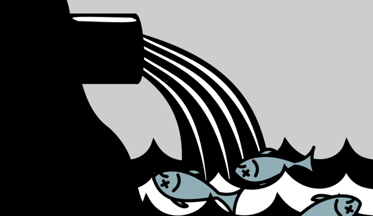 Drawing of a pipe discharging water into the sea pouring onto three fish Drawing of a pipe discharging water into the sea pouring onto three fish