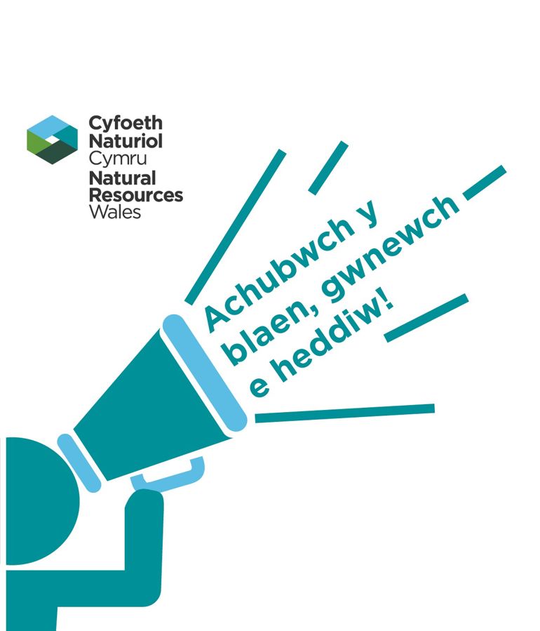 Drawing of a cartoon figure holding a loudhailer in the air with the words Achubwch y blaen, gwnewch e heddiw! coming out of the loudhailer Drawing of a cartoon figure holding a loudhailer in the air with the words Achubwch y blaen, gwnewch e heddiw! coming out of the loudhailer