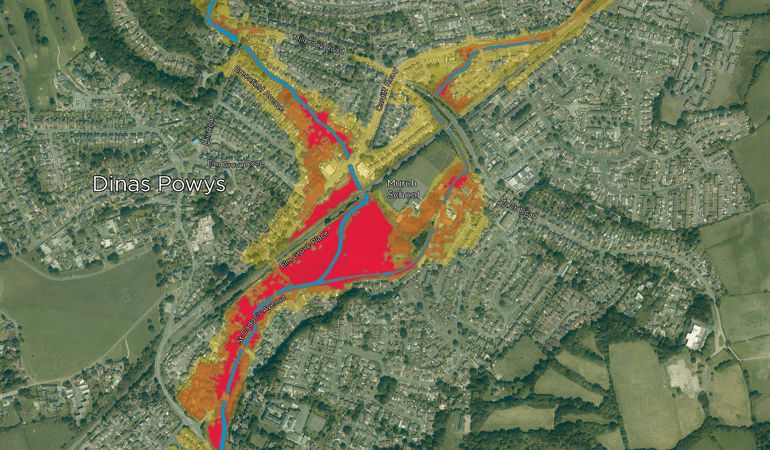 A map of Dinas Powys with coloured areas showing the differenct levels of flood risk A map of Dinas Powys with coloured areas showing the differenct levels of flood risk
