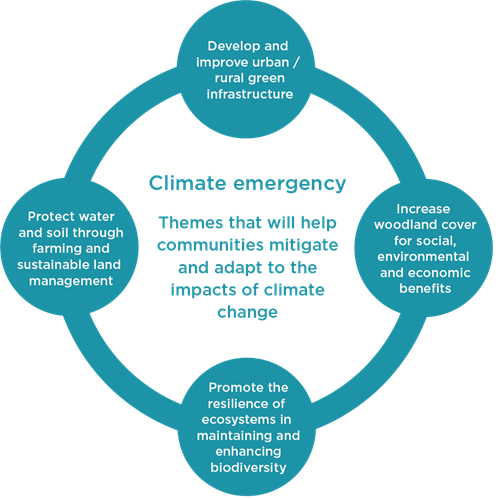 Circular infographic displaying how Climate emergency is central to all of North East Wales' themes