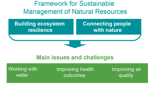 Infographic displaying how the themes in South Central Area statement connect with the framework for sustainable management of natural resources and the main issues and challenges it comes with.