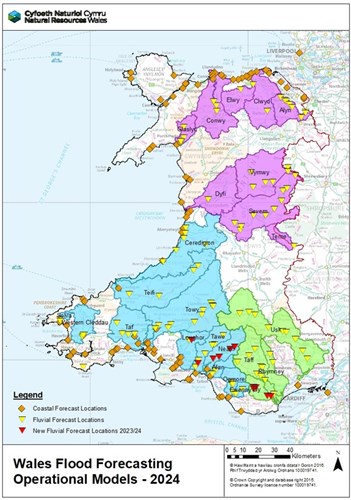 Map o Gymru yn dangos yr ardaloedd a gwmpesir gan ein modelau darogan llifogydd a lleoliadau lle gallwn ni ein modelau ddarparu rhagolygon llifogydd.